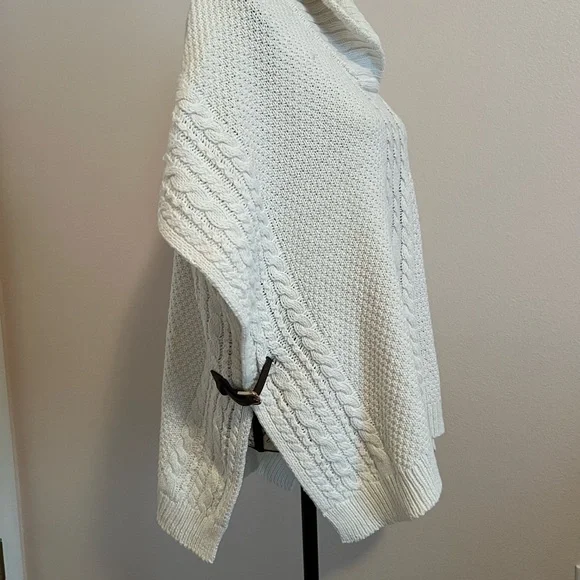 Talbots winter white poncho style sweater, like new, brown buckle trim, - Picture 4 of 8